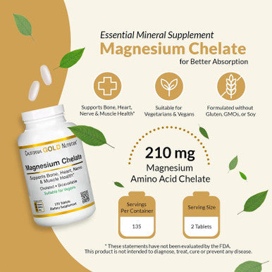 California Gold Nutrition Magnesium Chelate, 210 Mg, 270 Tablets