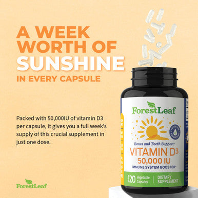 ForestLeaf Vitamin D3 50000 IU - Bone Health and Immune Support Supplements for Women and Men 120 Vegetable Capsules