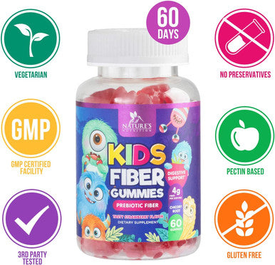 Kids Fiber Gummy Bears - 100% Plant Based Daily Prebiotic - Fiber Gummies for Kids, Supports Digestive Health & Regularity, Vegan Fiber Supplement, Gluten Free, Non-GMO, Berry Flavor - 60 Gummies