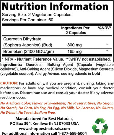 Best Naturals Quercetin with Bromelain Veggie Capsule - 800mg of Quercetin & 165 mg of Bromelain (2400 GDU/g) 120 Count