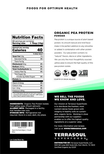 Terrasoul Superfoods Organic Pea Protein 1.5 Lbs - European Sourced | Unflavored | Smooth Texture