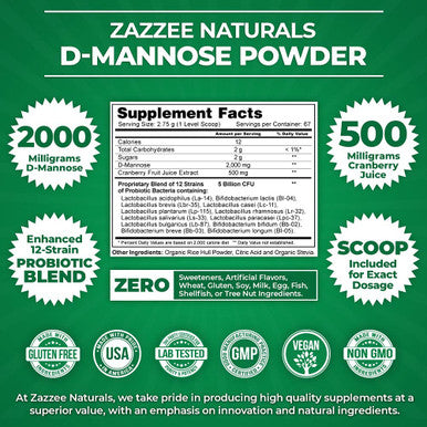 Zazzee D-Mannose Powder Plus, 67 Servings, 6.5 Ounces, Plus 5 Billion CFU Probiotics, Enhanced with Pure Cranberry Juice, Includes Free Scoop, Fast-Acting, Vegan, Non-GMO and All-Natural