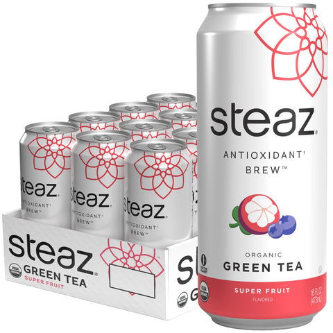 Steaz Organic Green Tea Zero Calorie Raspberry (12 Pack) Antioxidant Brew 65mg Natural Caffeine Vitamin C Stevia Sweetened Iced Tea Vegan Fair Trade 12 Cans 16 fl oz (473mL)