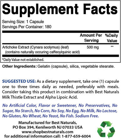 Best Naturals Artichoke Extract 10000 mg Equivalent - 3rd Party Lab Tested - 180 Capsules