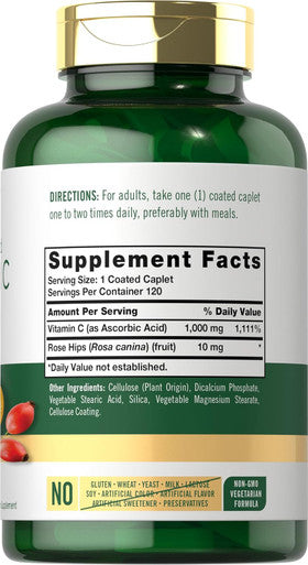Carlyle Vitamin C 1000mg | Timed Release | 120 Vegetarian Caplets | with Rose HIPS | Non-GMO & Gluten Supplement