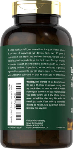 Carlyle Tahoe Nutritionals Turmeric Curcumin Supplement 2400mg | 400 Powder Capsules | Non-GMO Gluten Complex
