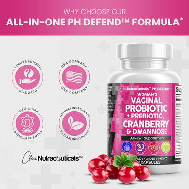 Clean Nutraceuticals Vaginal Probiotics For Women + Prebiotics 20 Billion Cranberry Pills 30,000Mg W/D-Mannose 500 Mg For Urinary Tract Health Ph Balance - For Vaginal Health Supplements Pills