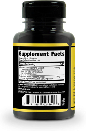 Primaforce KSM-66 Ashwagandha Root Extract (600mg) 60 Veggie Capsules - 5% Withanolides with BioPerine