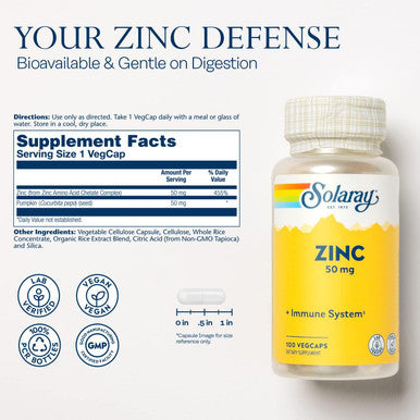 Solaray Zinc 50Mg Immune Support Capsules, 100 Count, Vegan, Pumpkin Seed