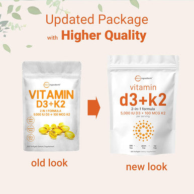 Micro Ingredients Vitamin D3 5000 IU with K2 100 mcg 300 Soft-Gels | K2 MK-7 with D3 Vitamin Supplement 2 in 1 Support Immune Heart Joint Teeth & Bone Health - Easy to Swallow