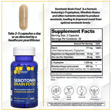 Serotonin W/ L Tryptophan Rholiola Mood Support Serotonin Supplement Promotes Positive Mood Calmness Increased Energy Happy Mood Brain Support Supplement 60Ct
