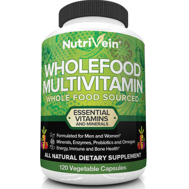 Nutrivein Food Multivitamin - Complete Daily Vitamins for Men and Women from Foods, Real Raw Veggies, s, Vitamin E, A, B Complex - 30 Day Supply (120 Capsules, Four Daily)