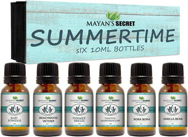 Premium Grade Fragrance Oil-Summer Time- Gift Set 6/10ml for Diffuser, Body oil, Skin & Hair, Massage, Baby Powder, Beachwood, Tropical Island, Summer Breeze, Toasted Marshmallows, Vanilla