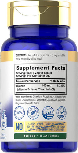 Carlyle Vitamin B-1 | 100mg | 300 Tablets | Non-GMO and Gluten Thiamin Supplement