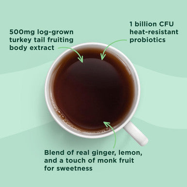 Four Sigmatic Happy Gut Organic Herbal Tea | Organic Lemon Ginger Tea With Probiotics & Turkey Tail Mushroom | Instant Digestive Tea | Vegan Gluten- | Lemon Ginger 24 Servings