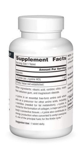 Source s L-Lysine 1000 mg Free Form - Amino Supplement Supports Energy Formation & Collagen - 50 Tablets