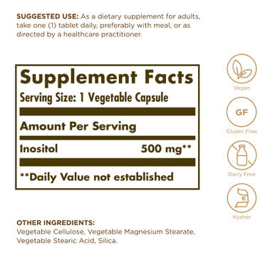Solgar Inositol 500 Mg - 100 Vegetable Capsules - Supports Cellular Function & Brain Health - Vegan Gluten Free Dairy Free Kosher - 100 Servings