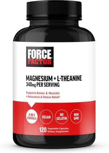 Force Factor Magnesium + L-Theanine Magnesium Bisglycinate Supplement to Support Bones Muscles Nerves Relaxation and Mood Vegan No Gelatin Non-GMO 120 Vegetable Capsules