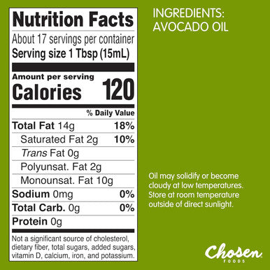 Chosen Foods 100% Pure Avocado Oil Keto and Paleo Diet Friendly Kosher Oil for Baking High Heat Cooking