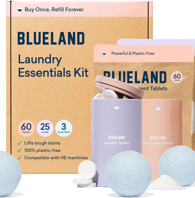 Blueland Kit Duo | Clean Home Kit (3 Reusable Bottles + 3 Tablet Refills) | Laundry Essentials Kit Plastic- Laundry Detergent Tablets Oxi Booster and Reuseable Natural Wool Dryer Balls For Dryer