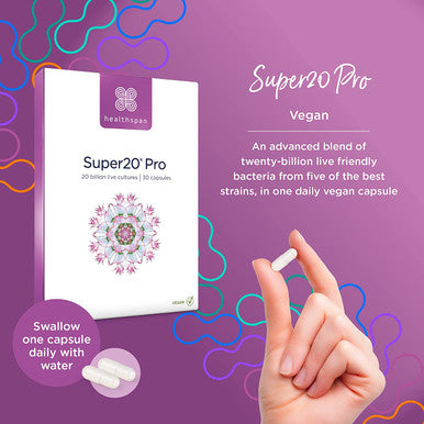 Healthspan Super20 Probiotic (60 Capsules) | Blend of 20 Billion Live Cultures from Five Strains | Promotes Friendly Gut Bacteria for Gut Health | Long Shelf Life and Lactose Free | Vegan