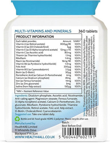 Multivitamins & Minerals One a Day 90 Tablets . 100% RDA. Made by Health4All