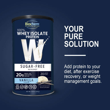 Biochem 100 Whey Isolate Protein 11.8 oz Sugar Vanilla 20g Vegetarian Protein KetoFriendly Amino Acids Invigorating Taste Easily Digestible