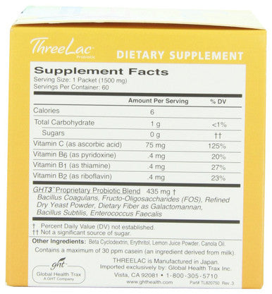 Threelac Probiotic Dietary Supplement, Natural Lemon Flavor, Includes 60 .053-Ounce Packets