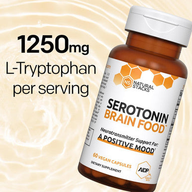 Natural Stacks Serotonin Brain Food W/L-Tryptophan & Rhodiola Rosea - Mood Support Supplement - Promotes Positive Mood, Calmness, Stress Relief - Happy Mood & Brain Support Supplement - 60 Capsules