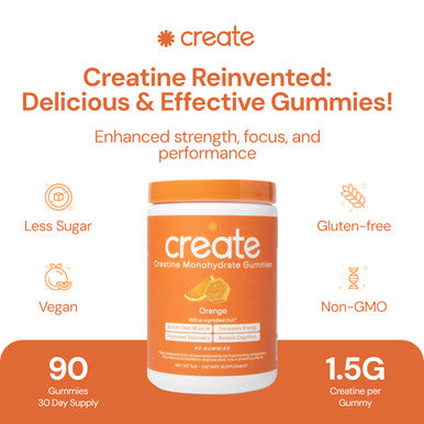 Create Creatine Monohydrate Gummies for Men and Women Boost Focus Strength and Endurance Anti-Melting Formula Vegan Gluten-Free Non GMO 1.5g of Creatine per Gummy Orange 90 Count