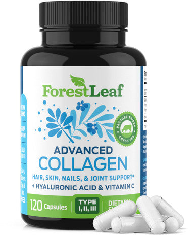 ForestLeaf Multi Collagen Pills with Hyaluronic Acid + Vitamin C | Hydrolyzed Collagen Supplements for Women or Men | Multi Collagen Capsules Peptides for Skin, Wrinkles 120 Caps