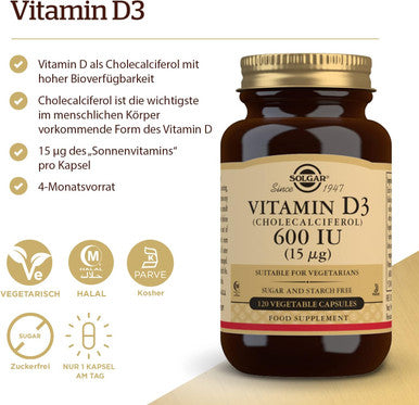 Solgar Vitamin D3 (Cholecalciferol) 600 IU (15 g) Vegetable Capsules Pack of 120