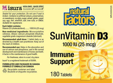 Natural Factors Vitamin D3 1000 IU 25 mcg Supports Strong Bones Muscles and Immune Function 180 Tablets
