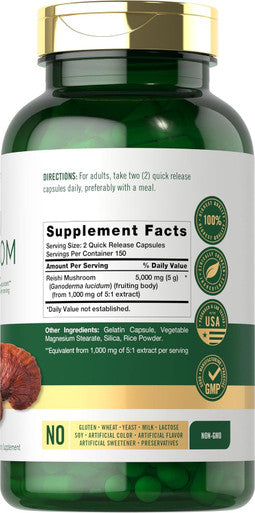 Carlyle Reishi Mushroom Supplement 5000mg | 300 Capsules | Non-GMO Gluten Reishi Mushroom Extract