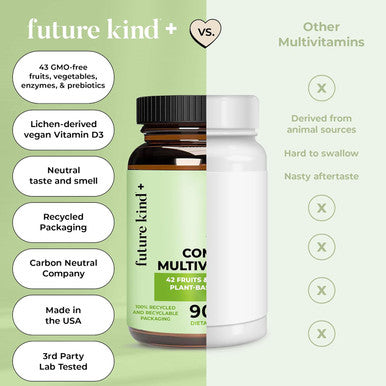 Future Kind Vegan Multivitamins Complete (90Tabs In Recycled Bottle) 42 In 1 Vegan Multivitamins For Women and Men Multivitamin W Enzymes and Probiotics For Digestion Vegan Vitamins W B12 and Zinc