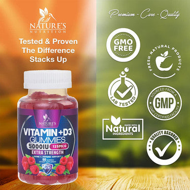 Vitamin D3 Gummies 5,000 IU 125 mcg - Extra Strength Natural Immune Support and Support Bone Health - Delicious, Non-GMO, Tasty Gummy for Children, Adults, and Seniors - 60 Gummies