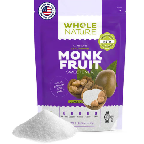 Whole Nature 1lb Monk Fruit Sweetener 1:1 Baking Sugar Substitute Made in the USA ÃƒÂ¢Ã¢â€šÂ¬Ã¢â‚¬Å“ Granulated Blend With Erythritol ÃƒÂ¢Ã¢â€šÂ¬Ã¢â‚¬Å“ Zero Calorie ÃƒÂ¢Ã¢â€šÂ¬Ã¢â‚¬Å“ Keto ÃƒÂ¢Ã¢â€šÂ¬Ã¢â‚¬Å“ Paleo ÃƒÂ¢Ã¢â€šÂ¬Ã¢â‚¬Å“ Non-GMO ÃƒÂ¢Ã¢â€šÂ¬Ã¢â‚¬Å“ Kosher - Natural Alternative ÃƒÂ¢Ã¢â€šÂ¬Ã¢â‚¬Å“ 16 oz Pouch