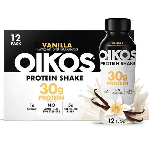 Oikos Protein Shake, Salted Caramel, 30g High Protein Drinks, Shelf Stable, Ready to Drink, 5g Prebiotic Fiber, 12 fl oz Bottle, 12 Count