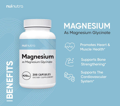 Nui Nutra Magnesium Glycinate Capsules Supplement | 420mg | 200 Capsules | Supports Heart, Sleep, Bone, Relaxation & Cardiovascular System | for Men & Women
