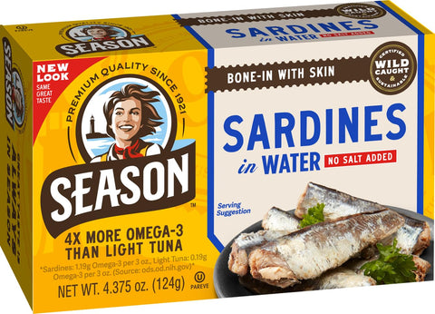 Season Sardines in Water No Salt Added Wild Caught 22g of Protein Keto Snacks More Omega 3's Than Tuna Kosher High in Calcium Canned Sardines 4.37 Oz Tins 12Pack