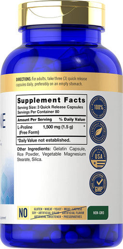 Carlyle L-Proline Free Form 1500mg | 240 Capsules | Non-GMO, Gluten Free Supplement
