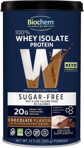 Biochem 100 Whey Isolate Protein 12.5 oz Sugar Chocolate KetoFriendly 20g Vegetarian Protein Amino Acids Iron Magnesium Cocoa Invigorating Taste