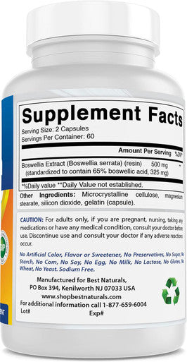 Best Naturals Boswellia Serrata Joint Health 250 mg 120 Capsules - Standardized to 65% Boswellic Acid (120 Count (Pack of 2))