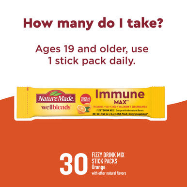 Nature Made Wellblends Immunemax Fizzy Drink Mix Vitamin C 1500Mg Zinc 15 Mg Vitamin D3 1000 Iu (25 Mcg) Plus B Vitamins And Electrolytes Hydration Blend 30 Stick Packs