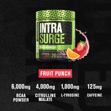 INTRASURGE Intra Workout Energy BCAA Powder 6g BCAA Amino Acids Natural Caffeine 4g Citrulline Malate and More for Muscle Building Strength Endurance Recovery Fruit Punch 20sv