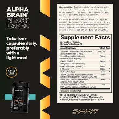 Onnit Alpha Brain Black Label Capsule (80Ct) Premium Citicoline Brain Supplement - Focus, Concentration & Memory - Lion'S Mane, Hericium Erinaceus, L Theanine & Mucuna Pruriens