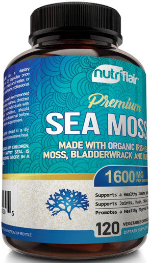 NutriFlair Irish Sea Moss 1600mg, 120 Capsules - Wildcrafted Raw Moss Powder with Bladderwrack & Burdock Root