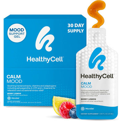 Healthycell Calm Mood Daily Liquid Supplement - Cortisol Manager & Mood Support Supplement For Stress With Ashwagandha L-Theanine Magnesium 5-Htp Gaba & Saffron - 30 Gel Packs
