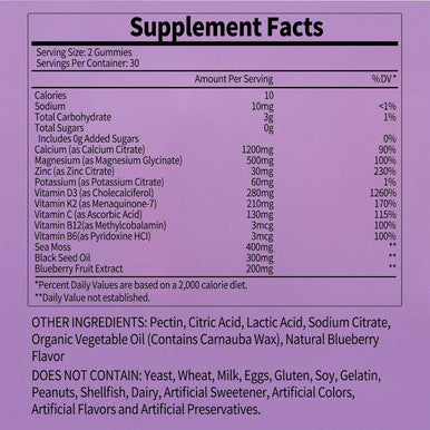 Calcium Magnesium Zinc Supplement Gummies Sugar For Women And Men Calcium Gummies Supplement Bone & Immune Support Made In Usa 60 Counts Blueberry Flavor