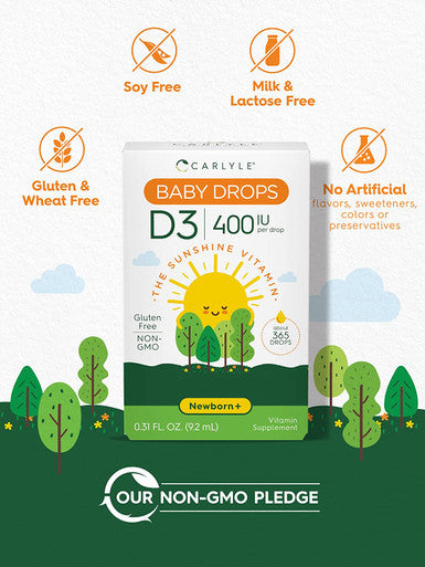 Carlyle Vitamin D3 Baby Drops | 400 IU | .31oz (9.2 mL) | 1 Year Supply (365 Servings) | Vegetarian, Non-GMO, and Gluten Free Drops for Infants and Newborns